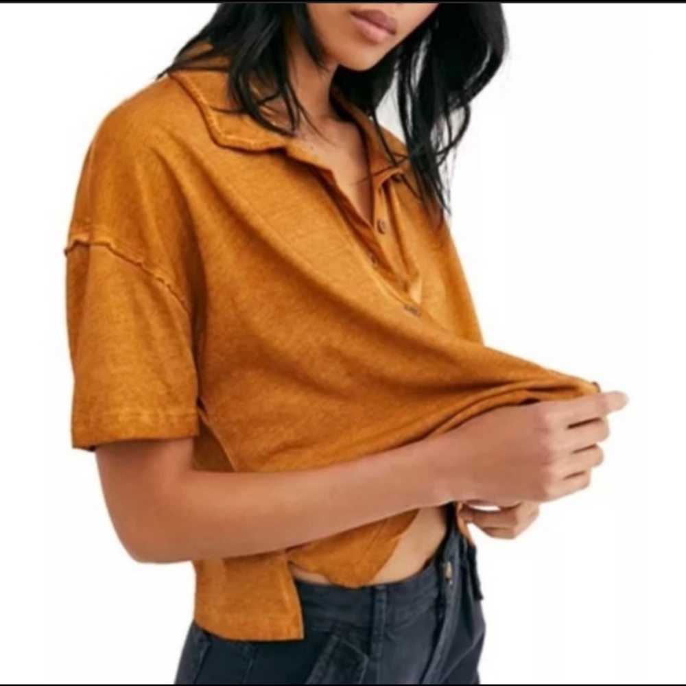 Free People Short Sleeve Button-Down Polo in Burnt Orange